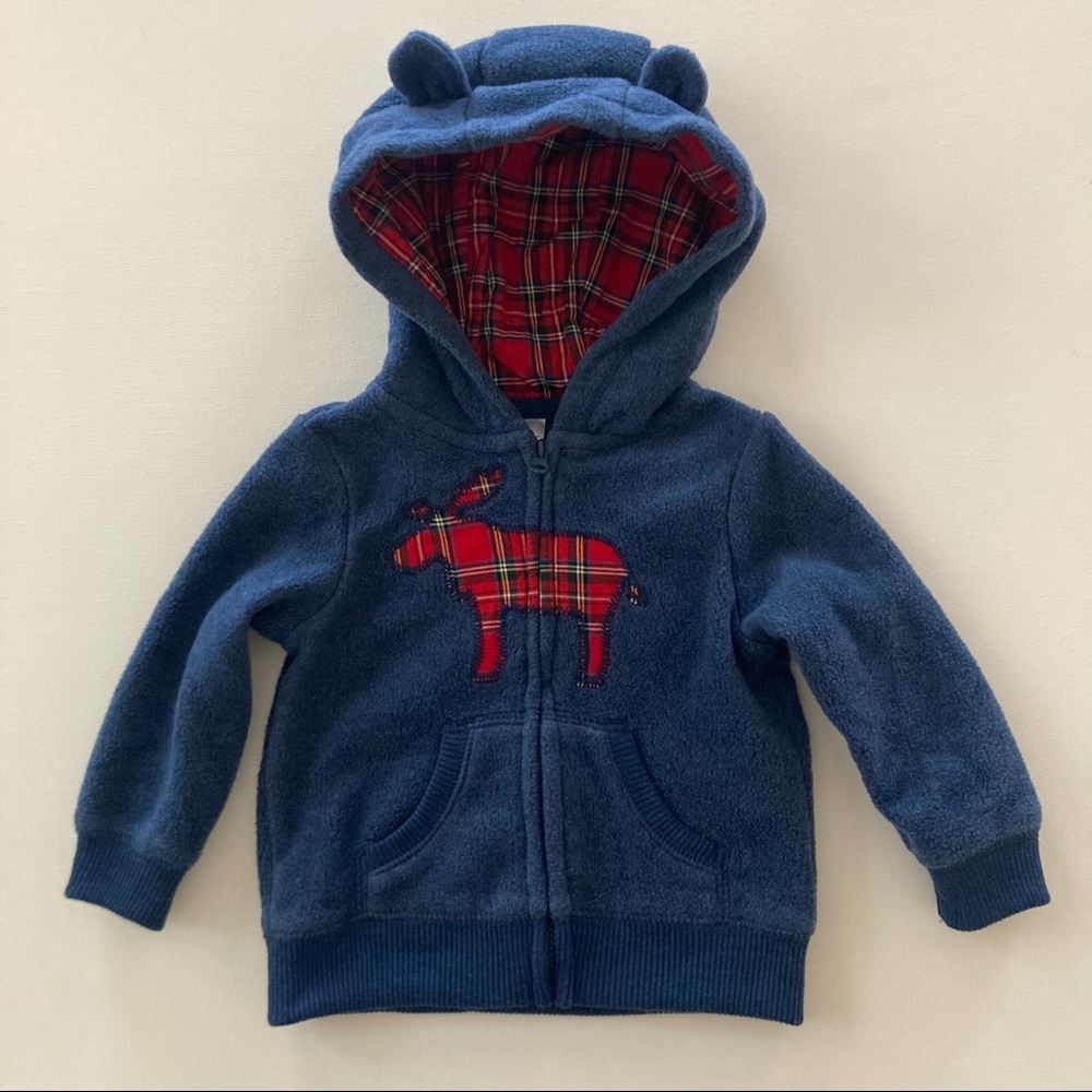 Baby Boy Moose Fleece Hooded Cardigan Holiday Christmas Red Plaid 9 Months